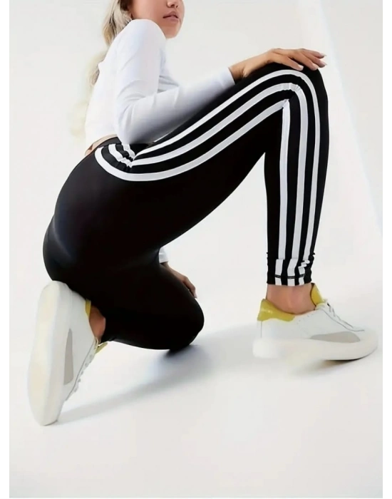 Kadın Yanları üç şerit çizgi Detaylı Yüksek Bel Toparlayıcı Dalgıç Spor Tayt