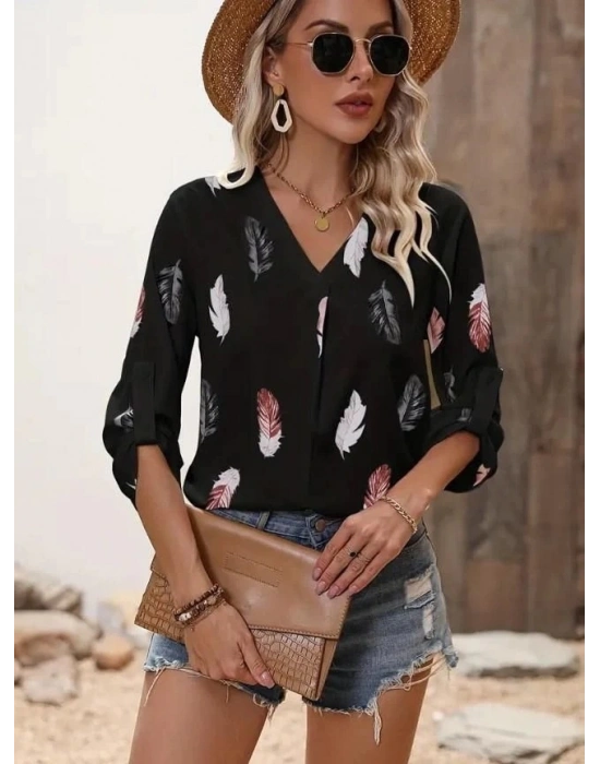 Kadın Yaprak Baskı Ayarlanabilir Truvakar Kol Süper Soft Bluz