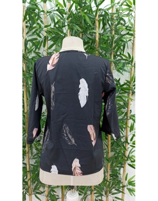 Kadın Yaprak Baskı Ayarlanabilir Truvakar Kol Süper Soft Bluz