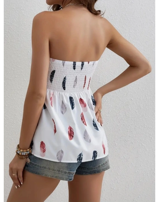 Kadın Yaprak Desenli Göğsü Gipeli Mosskrep Straplez Bluz