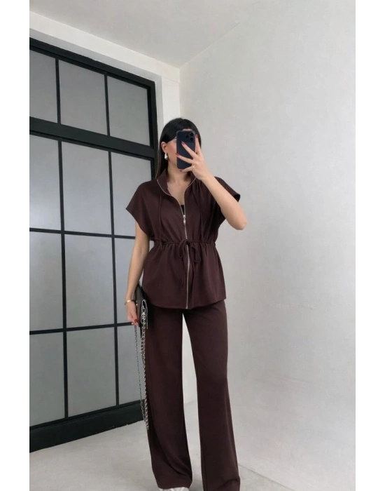 Kadın Yarasa Kol Fermuar Ve Lastikli Bağcık Detay Ceket Pantolon Ikili Takım