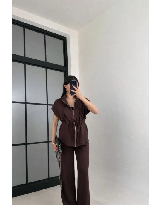 Kadın Yarasa Kol Fermuar Ve Lastikli Bağcık Detay Ceket Pantolon Ikili Takım