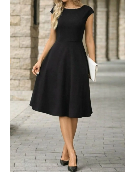 Kadın Yarım Ay Kollu Yakası Acık Kemersiz Midi Ithal Krep Elbise