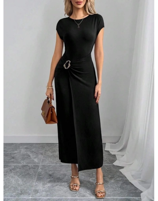 Kadın Yarım Ay Kollu Yuvarlak Yaka önünde Toka Detaylı odal axi Elbise