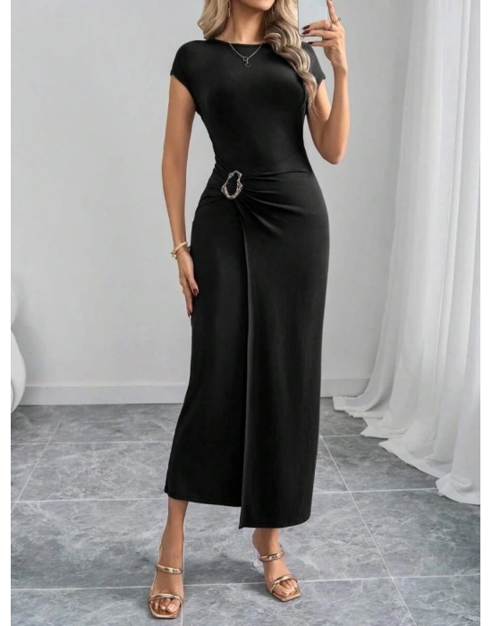 Kadın Yarım Ay Kollu Yuvarlak Yaka önünde Toka Detaylı odal axi Elbise