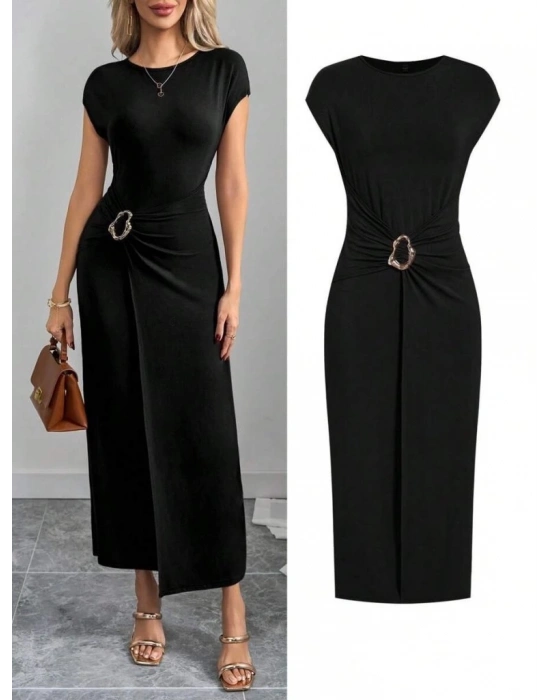 Kadın Yarım Ay Kollu Yuvarlak Yaka önünde Toka Detaylı odal axi Elbise