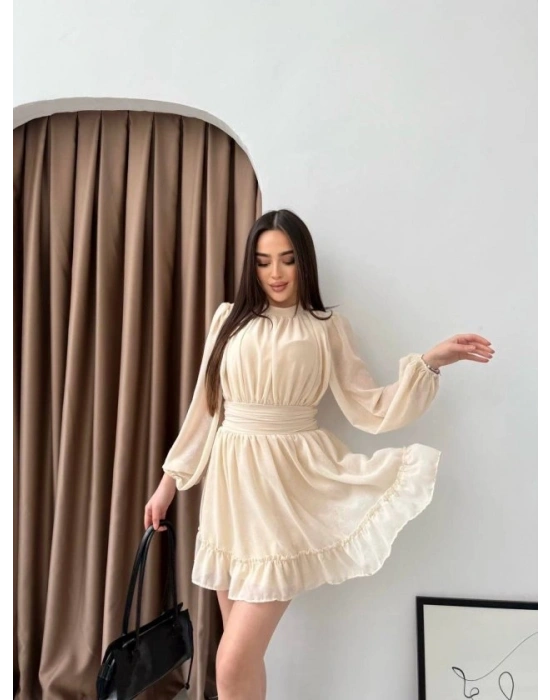 Kadın Yarım Balıkçı Yaka Kolları Transparan Astarlı Full şifon Elbise