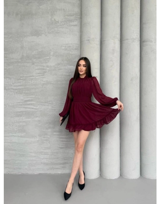 Kadın Yarım Balıkçı Yaka Kolları Transparan Astarlı Full şifon Elbise