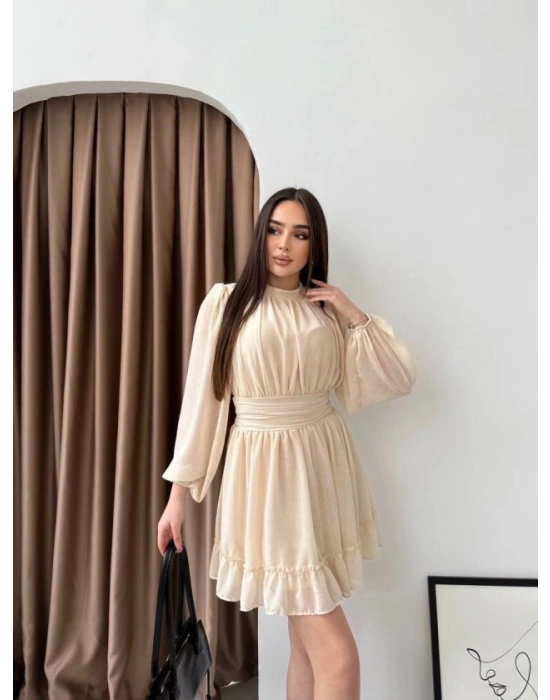 Kadın Yarım Balıkçı Yaka Kolları Transparan Astarlı Full şifon Elbise