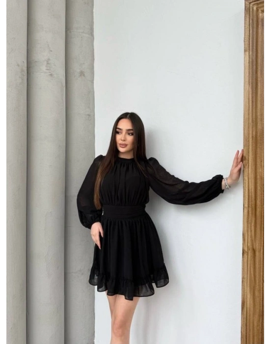 Kadın Yarım Balıkçı Yaka Kolları Transparan Astarlı Full şifon Elbise