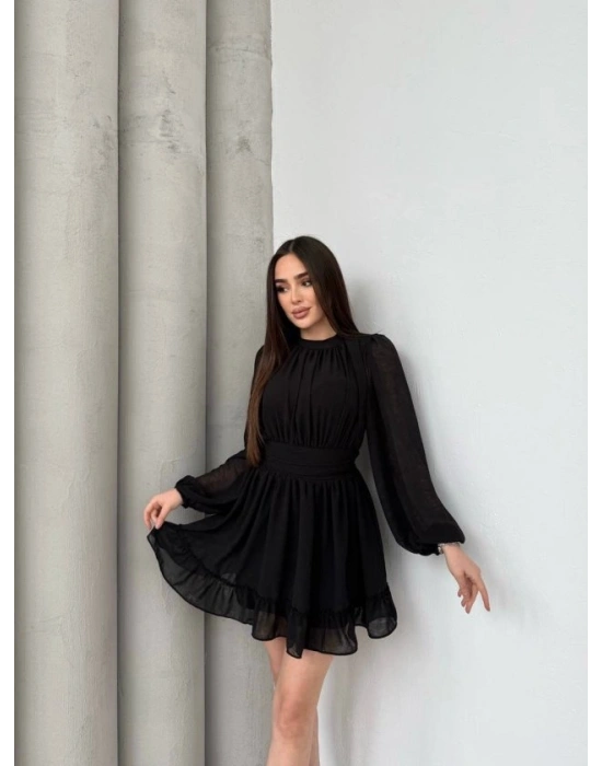 Kadın Yarım Balıkçı Yaka Kolları Transparan Astarlı Full şifon Elbise