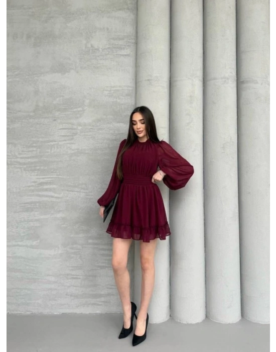 Kadın Yarım Balıkçı Yaka Kolları Transparan Astarlı Full şifon Elbise