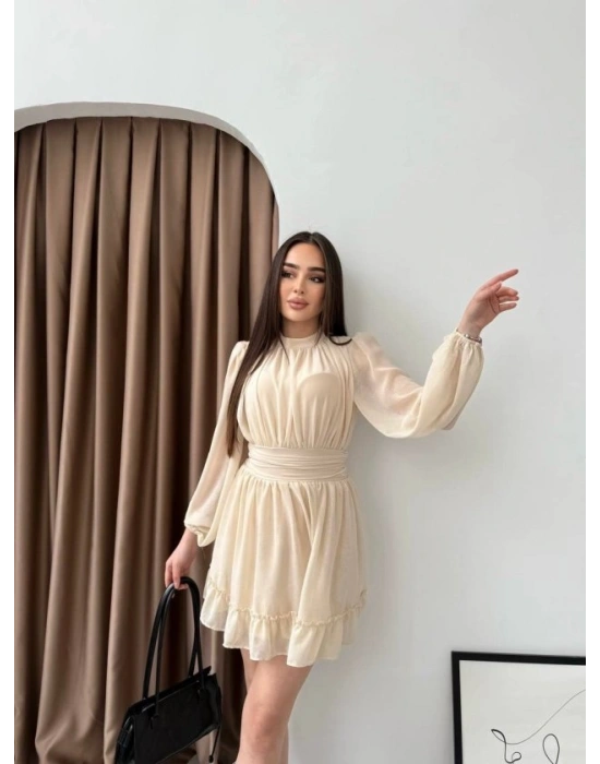 Kadın Yarım Balıkçı Yaka Kolları Transparan Astarlı Full şifon Elbise