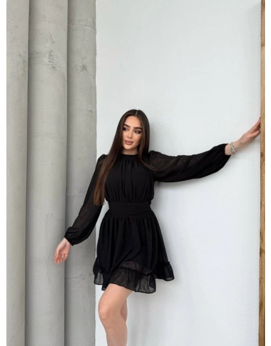 Kadın Yarım Balıkçı Yaka Kolları Transparan Astarlı Full şifon Elbise