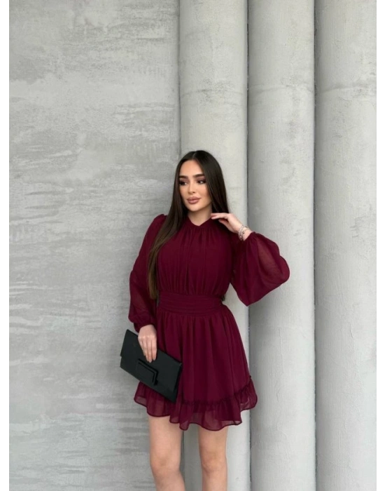 Kadın Yarım Balıkçı Yaka Kolları Transparan Astarlı Full şifon Elbise