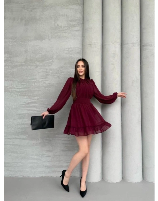 Kadın Yarım Balıkçı Yaka Kolları Transparan Astarlı Full şifon Elbise