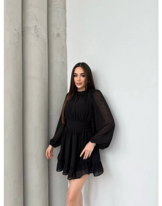 Kadın Yarım Balıkçı Yaka Kolları Transparan Astarlı Full şifon Elbise