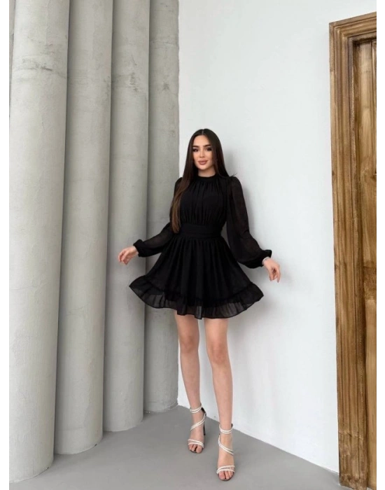 Kadın Yarım Balıkçı Yaka Kolları Transparan Astarlı Full şifon Elbise