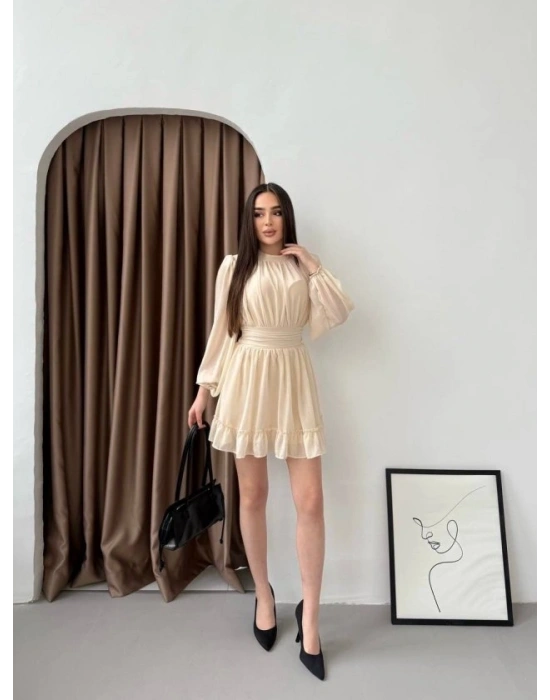 Kadın Yarım Balıkçı Yaka Kolları Transparan Astarlı Full şifon Elbise