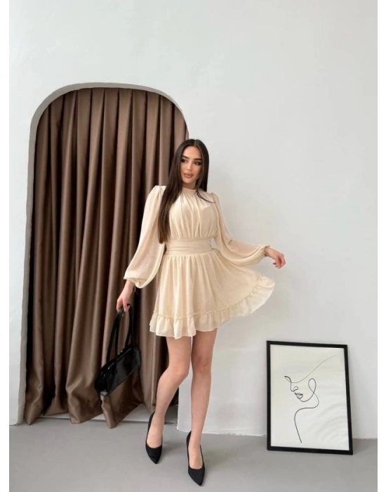 Kadın Yarım Balıkçı Yaka Kolları Transparan Astarlı Full şifon Elbise