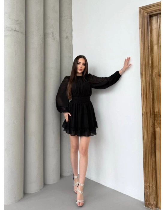 Kadın Yarım Balıkçı Yaka Kolları Transparan Astarlı Full şifon Elbise