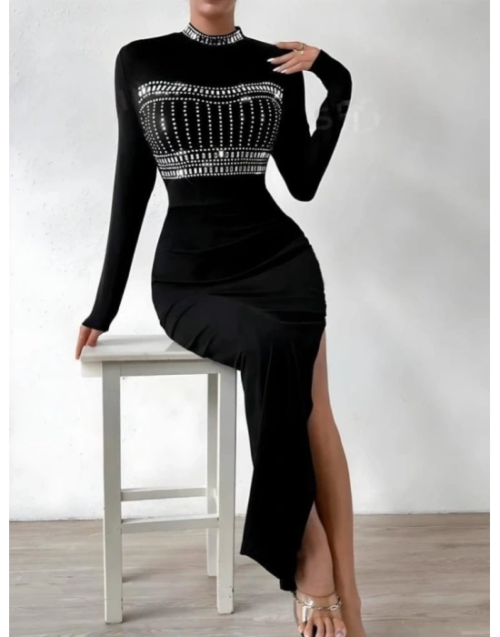 Kadın Yarım Balıkçı Yaka Taş Işemeli Bacak Dekolteli axi Boy Elbise