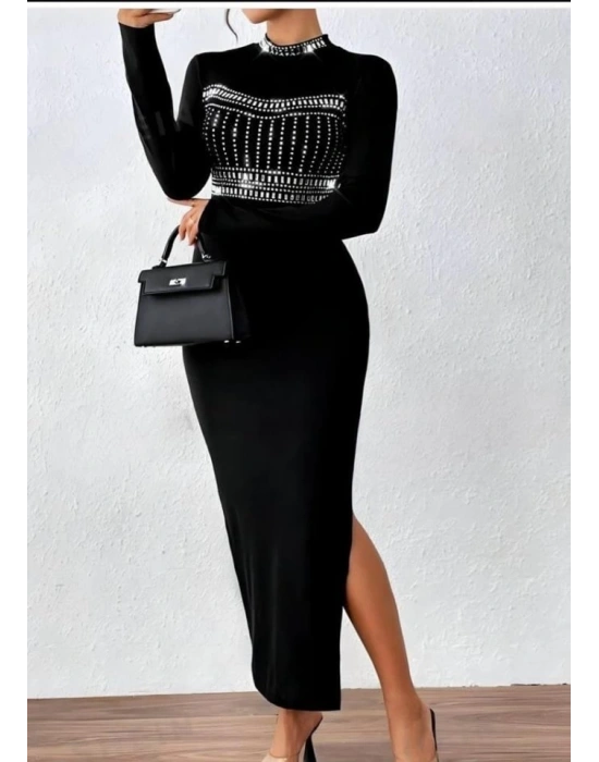 Kadın Yarım Balıkçı Yaka Taş Işemeli Bacak Dekolteli axi Boy Elbise