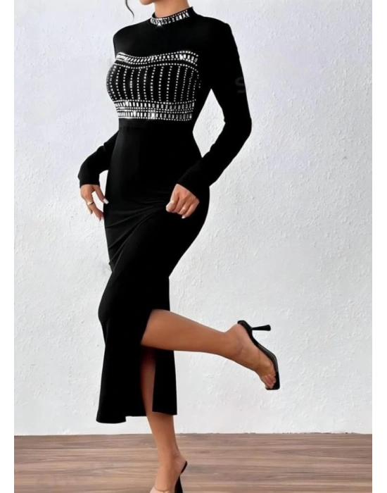 Kadın Yarım Balıkçı Yaka Taş Işemeli Bacak Dekolteli axi Boy Elbise