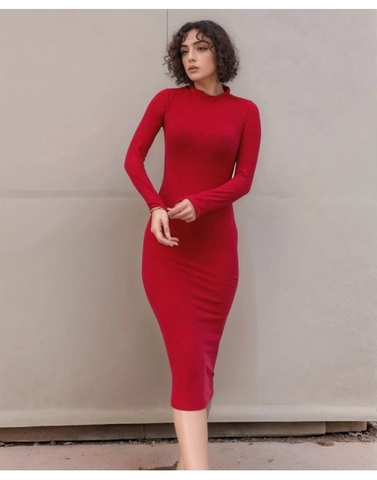 Kadın Yarım Balıkçı Yaka Süet Kumaş Fırsat ürün Midi Boy Elbise