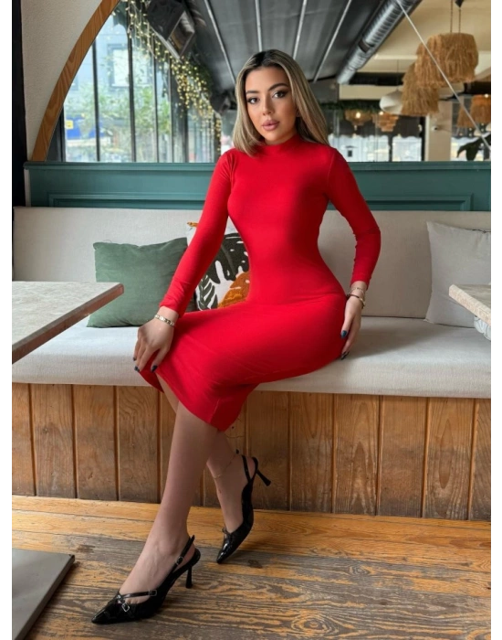 Kadın Yarım Balıkçı Yaka Süet Kumaş Fırsat ürün Midi Boy Elbise