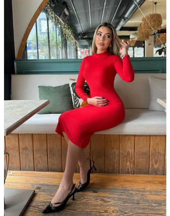 Kadın Yarım Balıkçı Yaka Süet Kumaş Fırsat ürün Midi Boy Elbise