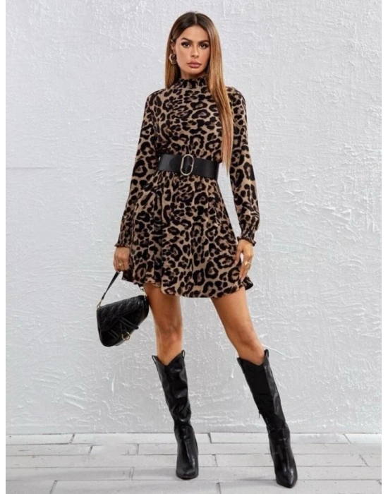 Kadın Yarım Balıkçı Yaka Uzun Kollu eopar Desen Mini Elbise