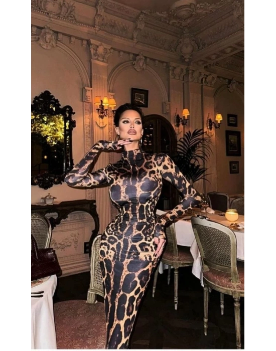 Kadın Yarım Balıkçı Yaka Uzun Kollu Leopar Baskılı Atlas Kumaş Maxi Boy Elbise