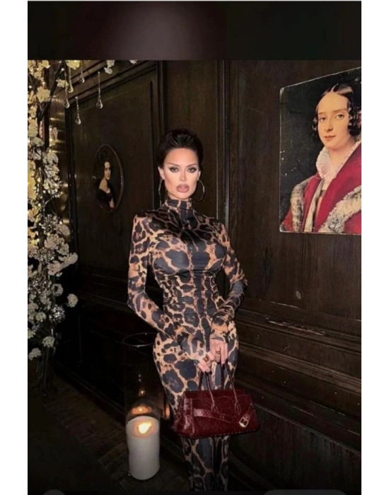 Kadın Yarım Balıkçı Yaka Uzun Kollu Leopar Baskılı Atlas Kumaş Maxi Boy Elbise