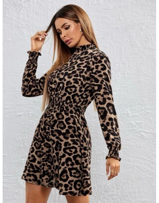 Kadın Yarım Balıkçı Yaka Uzun Kollu Leopar Desen Mini Elbise