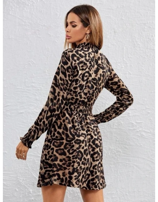 Kadın Yarım Balıkçı Yaka Uzun Kollu Leopar Desen Mini Elbise