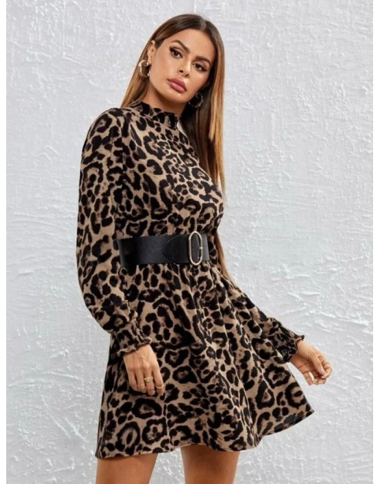 Kadın Yarım Balıkçı Yaka Uzun Kollu Leopar Desen Mini Elbise