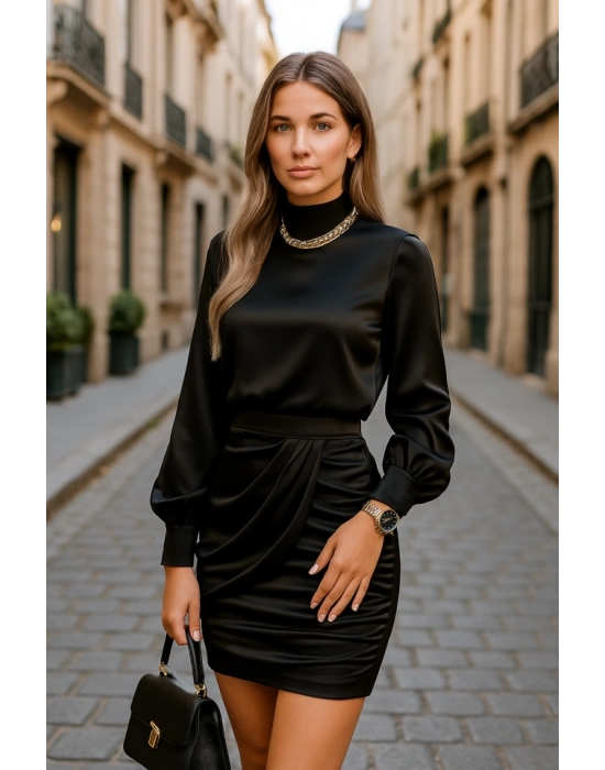 Kadın Yarım Balıkçı Yaka Vatka Ve Büzgü Detay ini Elbise