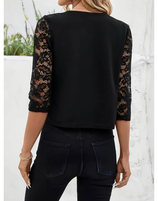 Kadın Yarım Dantel Kollu önü Açık Kısa Atlas Ceket