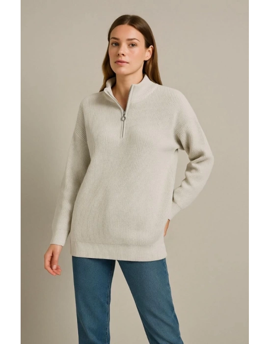 KADIN Yarım Fermuarlı Triko Kazak – Selanik Örgü, Dik Yaka, Pamuklu Dokuma, Oversize Uzun Kollu Kışlık Model  Gri