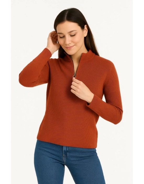 KADIN Yarım Fermuarlı Triko Kazak – Selanik Örgü, Dik Yaka, Pamuklu Dokuma, Oversize Uzun Kollu Kışlık odel  Kiremit