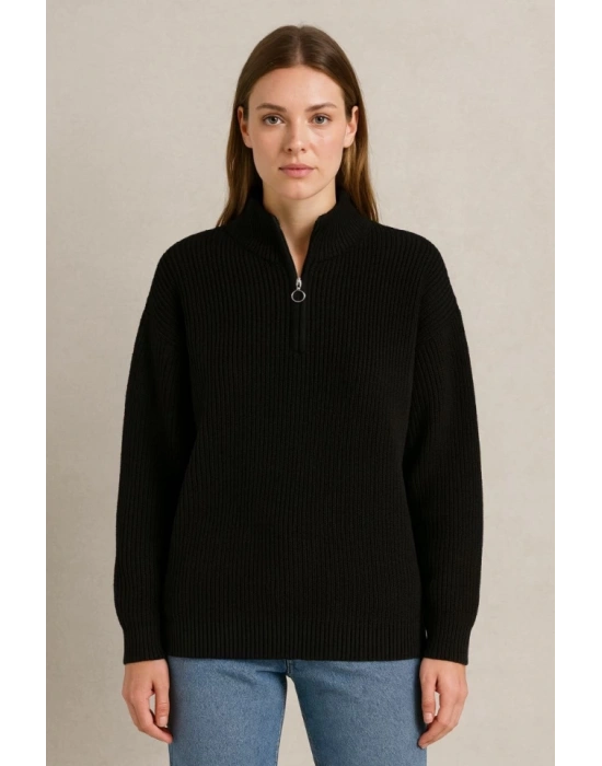 KADIN Yarım Fermuarlı Triko Kazak – elanik Örgü, Dik Yaka, Pamuklu Dokuma, Oversize Uzun Kollu Kışlık odel  iyah