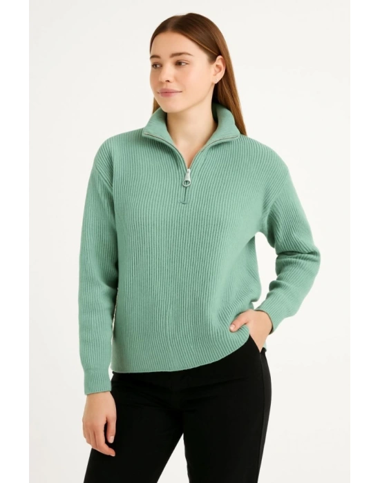 KADIN Yarım Fermuarlı Triko Kazak – elanik Örgü, Dik Yaka, Pamuklu Dokuma, Oversize Uzun Kollu Kışlık odel  int Yeşili