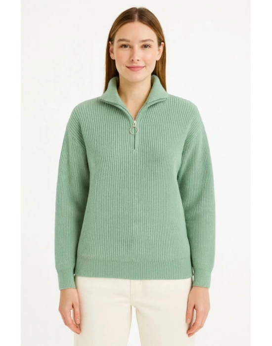 KADIN Yarım Fermuarlı Triko Kazak – elanik Örgü, Dik Yaka, Pamuklu Dokuma, Oversize Uzun Kollu Kışlık odel  int Yeşili