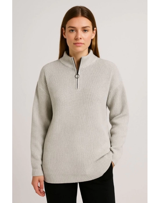 KADIN Yarım Fermuarlı Triko Kazak – Selanik Örgü, Dik Yaka, Pamuklu Dokuma, Oversize Uzun Kollu Kışlık Model  Gri