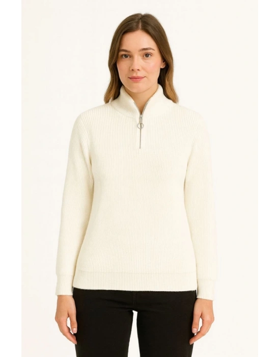 KADIN Yarım Fermuarlı Triko Kazak – elanik Örgü, Dik Yaka, Pamuklu Dokuma, Oversize Uzun Kollu Kışlık odel  Beyaz