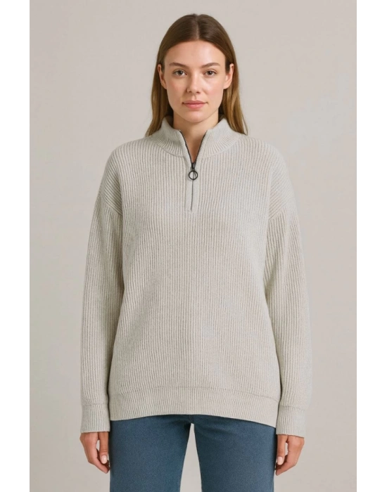 KADIN Yarım Fermuarlı Triko Kazak – Selanik Örgü, Dik Yaka, Pamuklu Dokuma, Oversize Uzun Kollu Kışlık Model  Gri