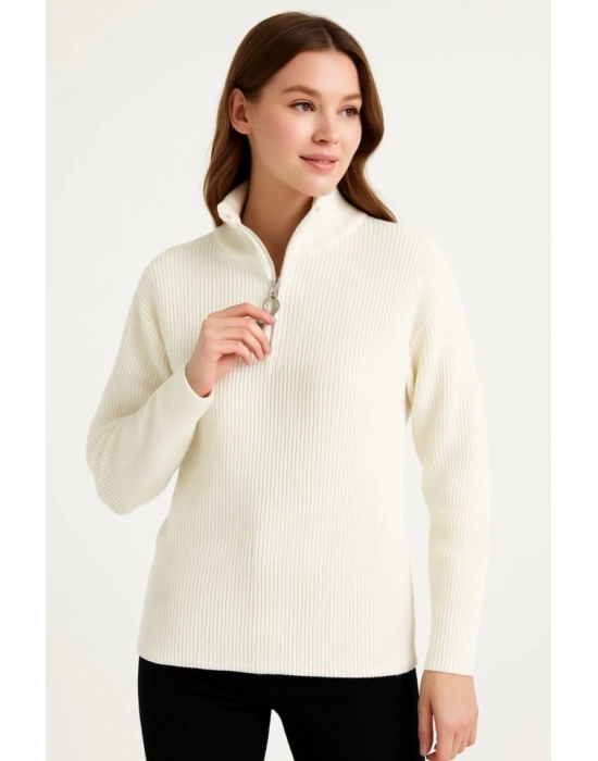 KADIN Yarım Fermuarlı Triko Kazak – elanik Örgü, Dik Yaka, Pamuklu Dokuma, Oversize Uzun Kollu Kışlık odel  Beyaz