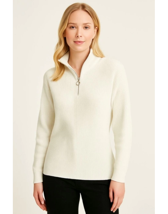 KADIN Yarım Fermuarlı Triko Kazak – elanik Örgü, Dik Yaka, Pamuklu Dokuma, Oversize Uzun Kollu Kışlık odel  Beyaz