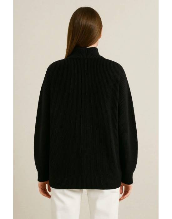 KADIN Yarım Fermuarlı Triko Kazak – elanik Örgü, Dik Yaka, Pamuklu Dokuma, Oversize Uzun Kollu Kışlık odel  iyah